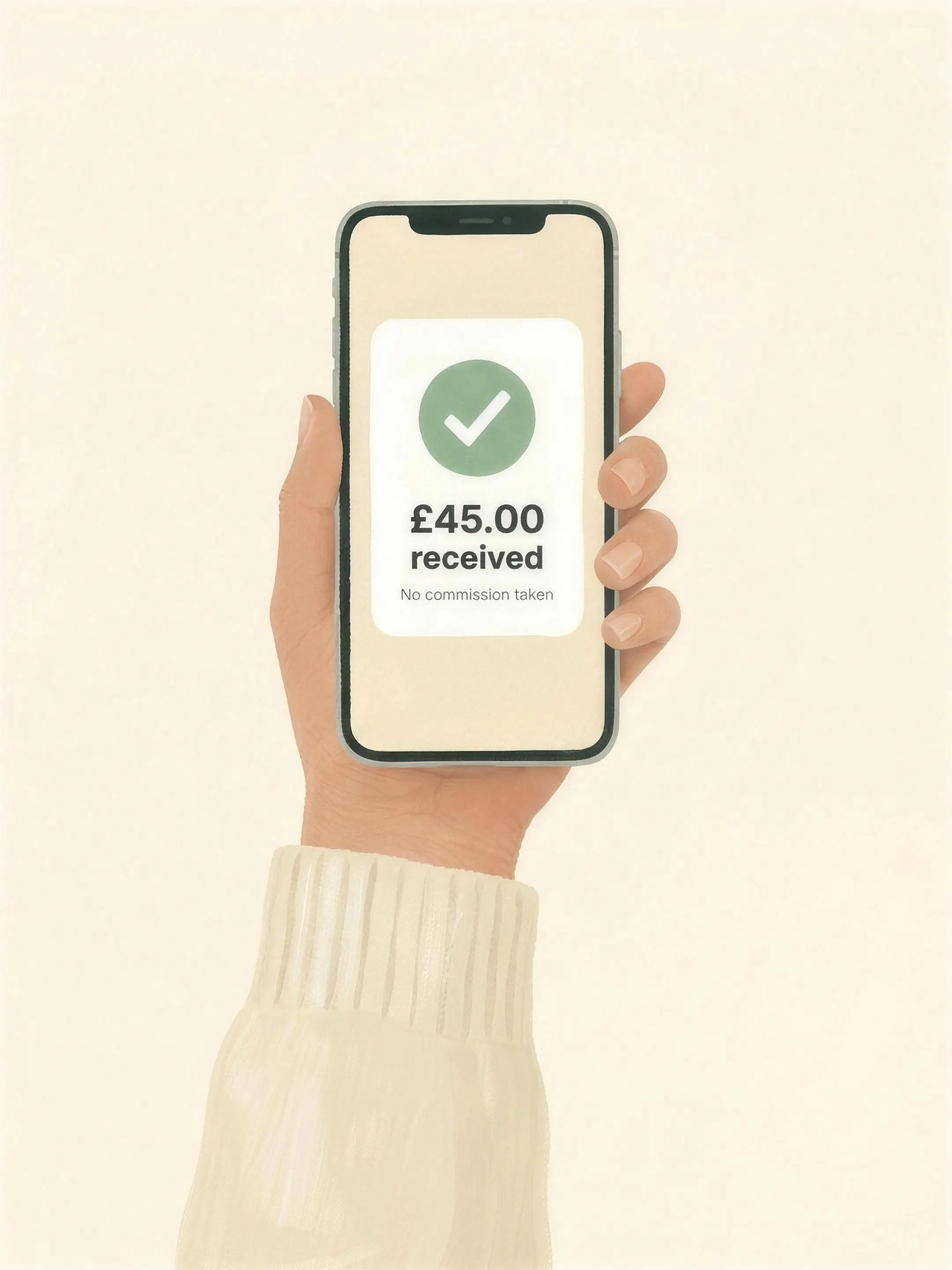 The TutorLab app showing £45.00 received with no commission taken
